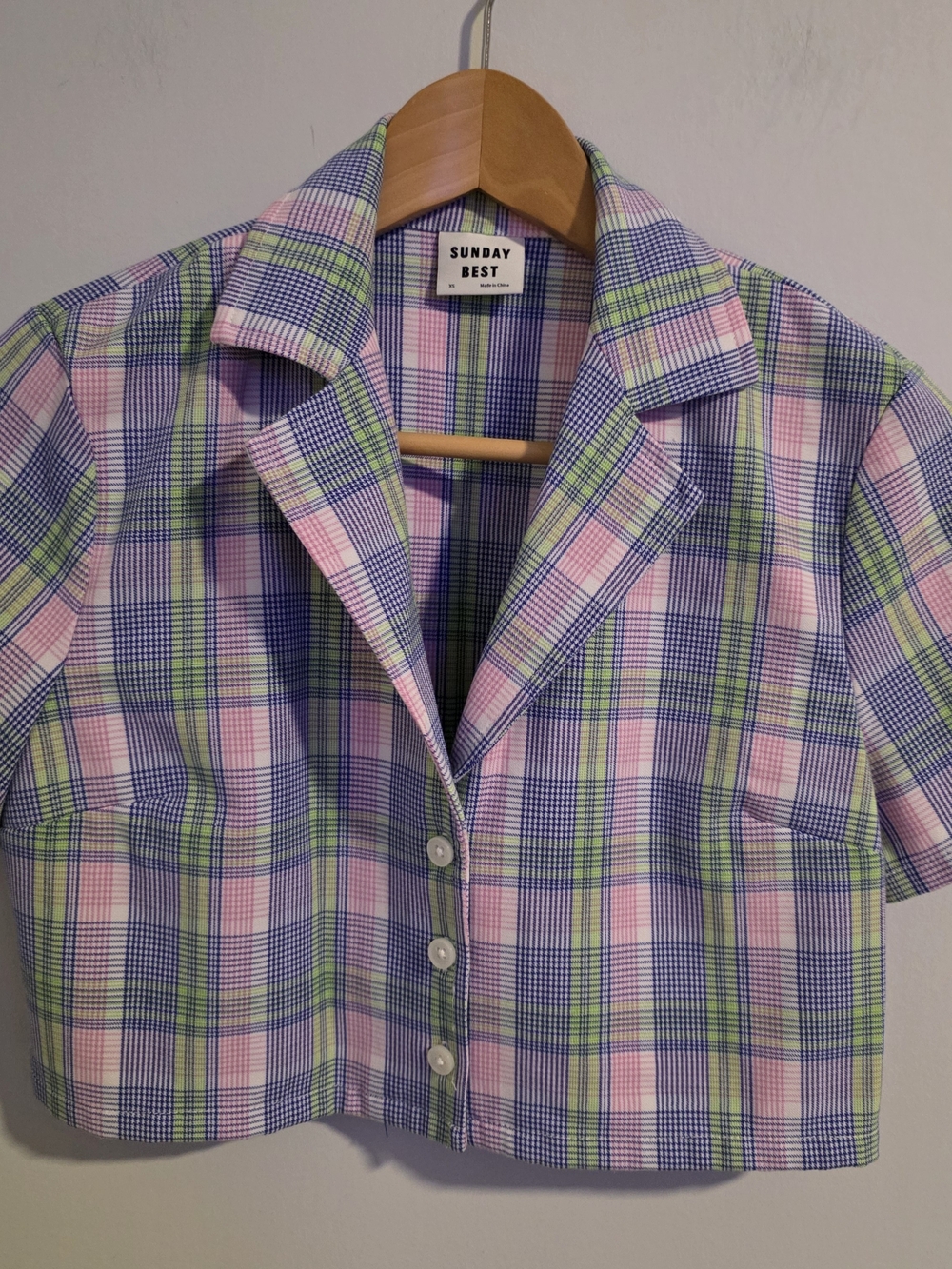 Sunday Best Plaid Cropped Button-Up Shirt XS Pink Green Blue
